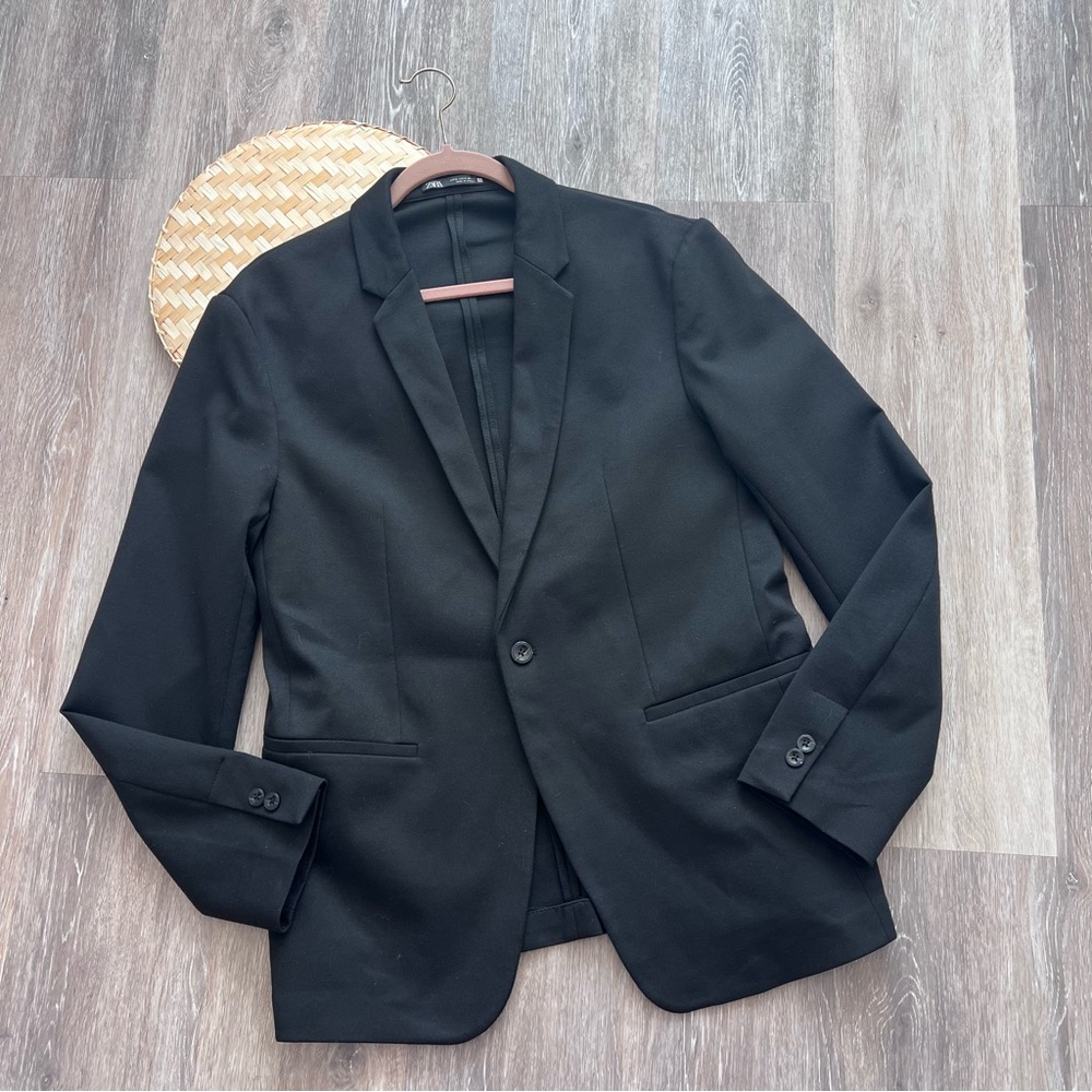 Zara blazer single button black comfort jacket stretch
